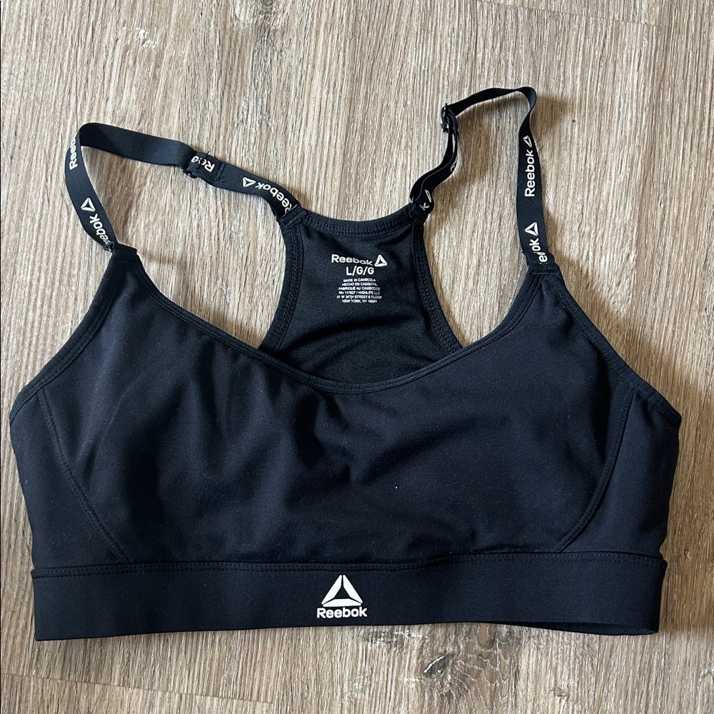 Reebok Black Adjustable-Strap Sports Bra with Logo Band